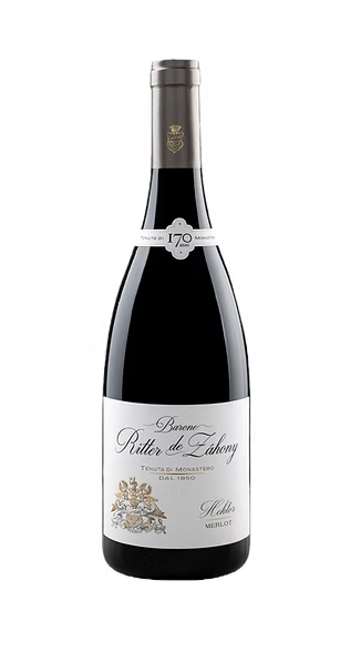 Bottiglia di vino rosso con etichetta bianca e dettagli decorativi dorati e neri.