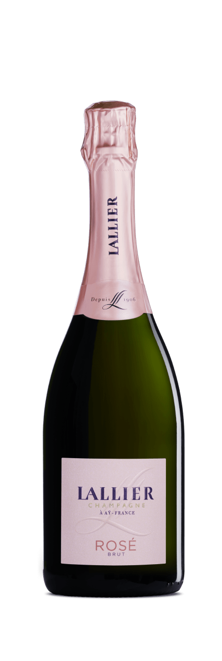 Una bottiglia di champagne Lallier Rosé Brut con etichetta bianca e tappo rosa, vista frontalmente.