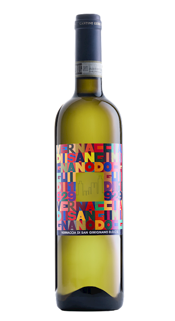 Bottiglia di vino bianco con etichetta colorata e grafica moderna