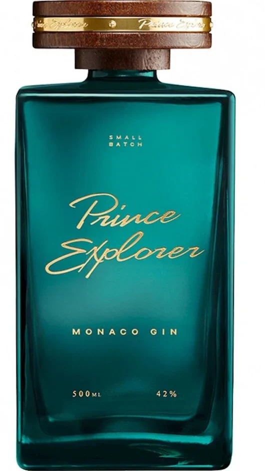 Bottiglia di gin Monaco Prince Explorer, 500 ml, 42% alcol, design elegante con bottiglia tonda e tappo in legno.
