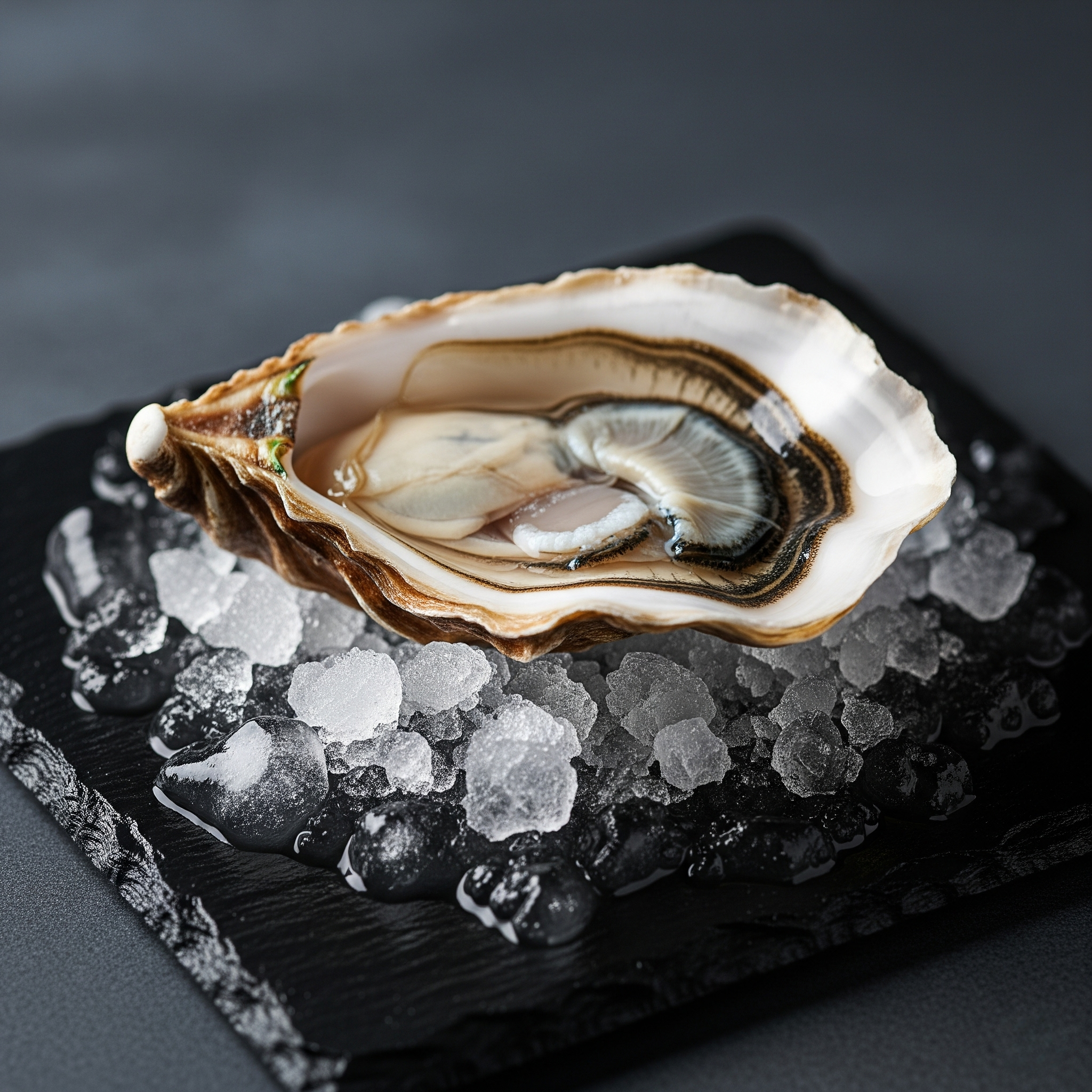 Una cozza aperta su un letto di ghiaccio su una piastra di ardesia nera.