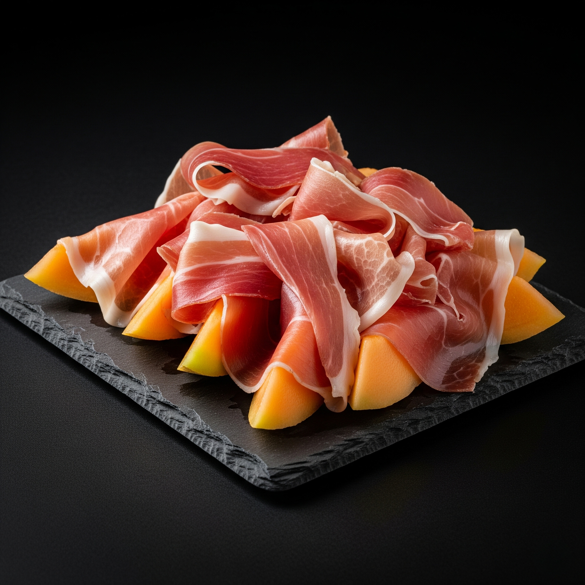 Fetta di prosciutto cotto avvolta attorno a fette di melone, servita su un piatto di ardesia nera.