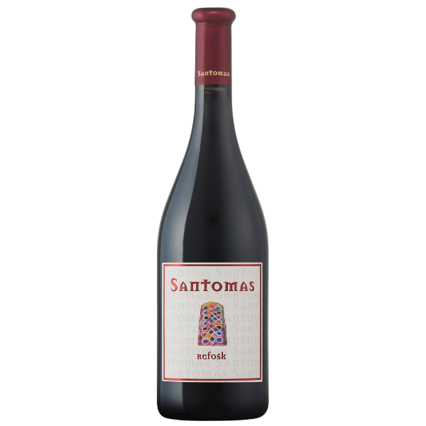 Bottiglia di vino rosso con etichetta contenente il nome Santomas e un'immagine astratta colorata.