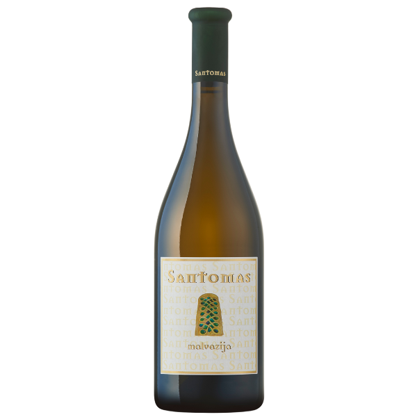 Bottiglia di vino bianco Santomas Malvasia con etichetta beige e una decorazione verde