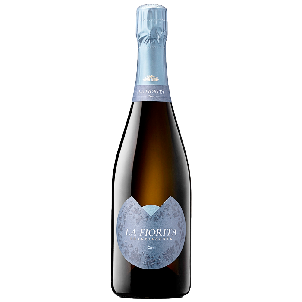 Bottiglia di vino spumante con etichetta blu e cappuccio argentato, marca La Fiorita, Franciacorta, Zero.