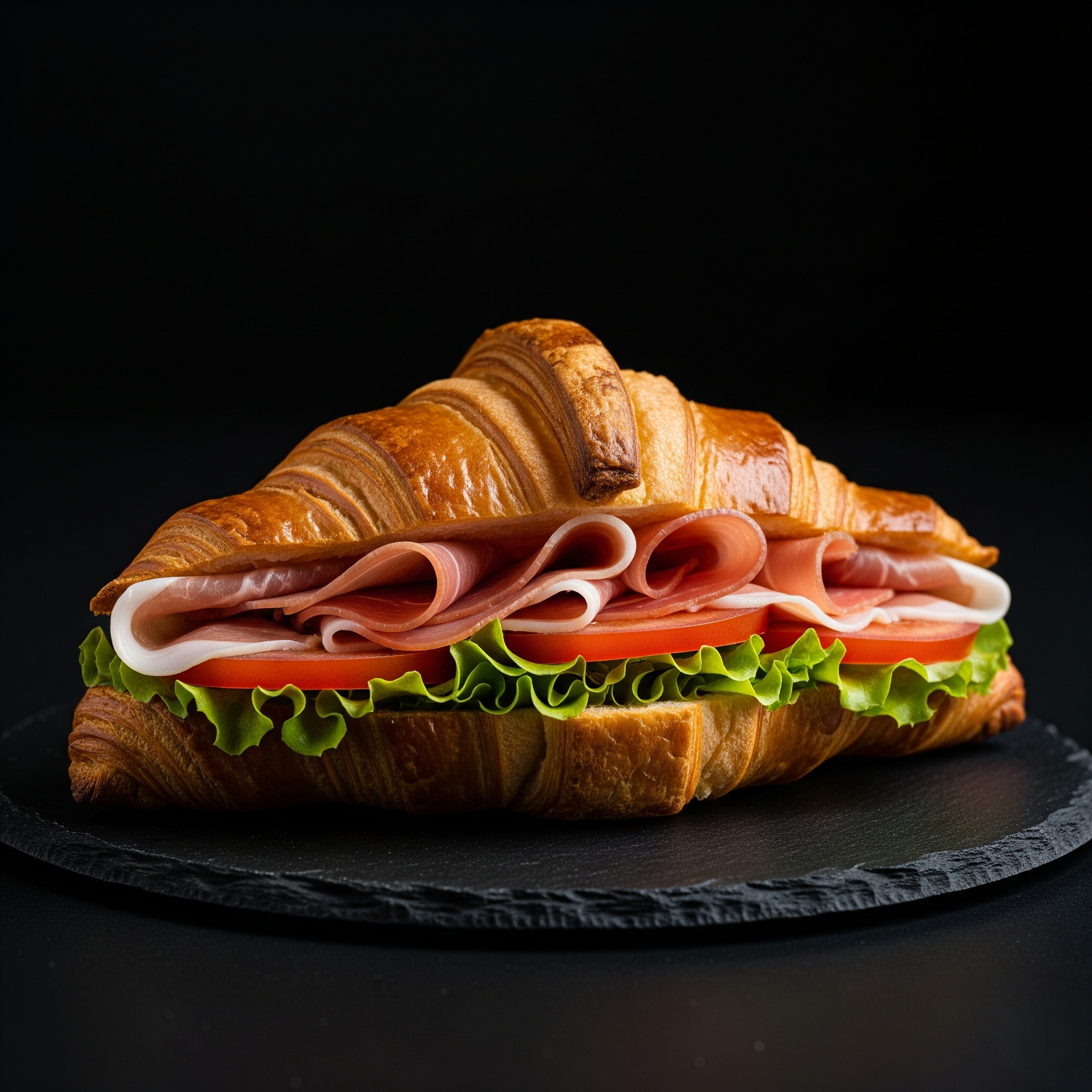 Croissant ripieno di prosciutto, pomodoro e lattuga su una superficie nera.