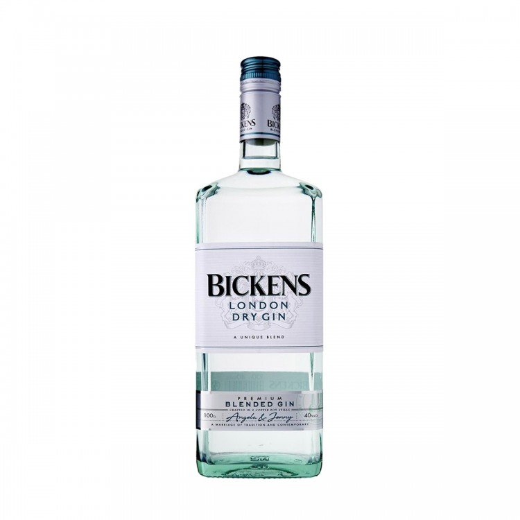 Bottiglia di gin secco di Londra Bickens con etichetta bianca e blu.