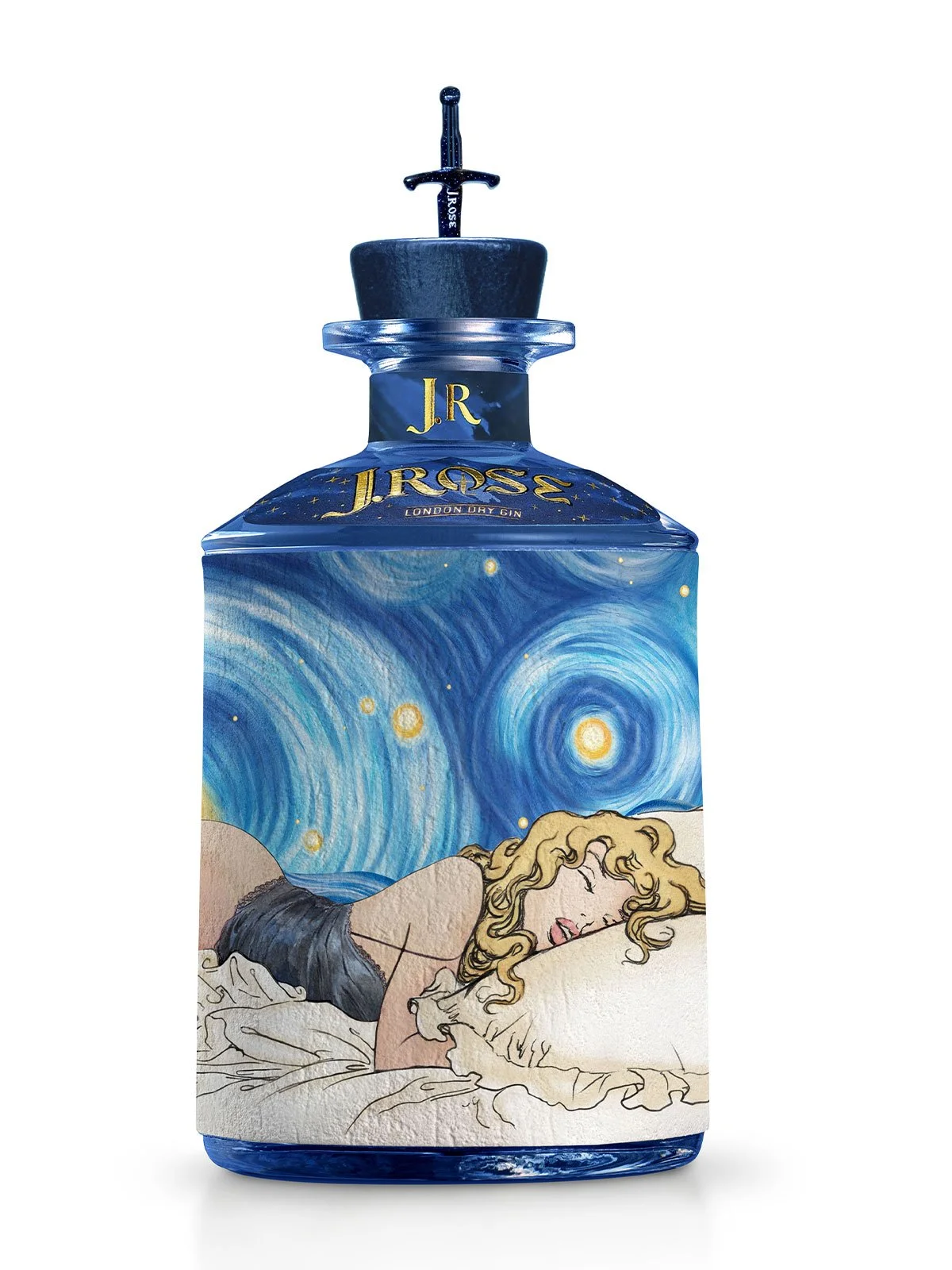 Bottiglia di gin con etichetta decorata con un dipinto di una donna che dorme, ispirato a 'Notte stellata' di Van Gogh.