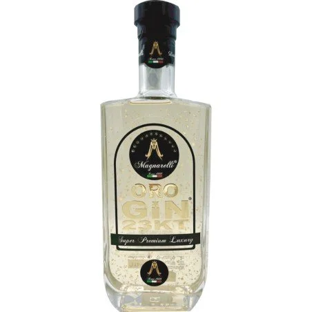 Bottiglia di gin Magnarelli ORO GIN con etichetta nera e oro.