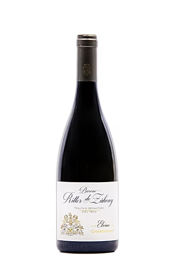 Bottiglia di vino rosso con etichetta bianca e dettagli dorati