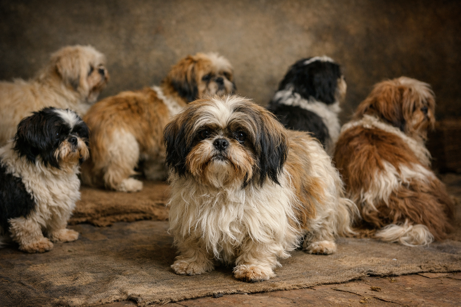 Group of Shih Tzu dogs with natural coats representing early Western breeding and preservation of the breed