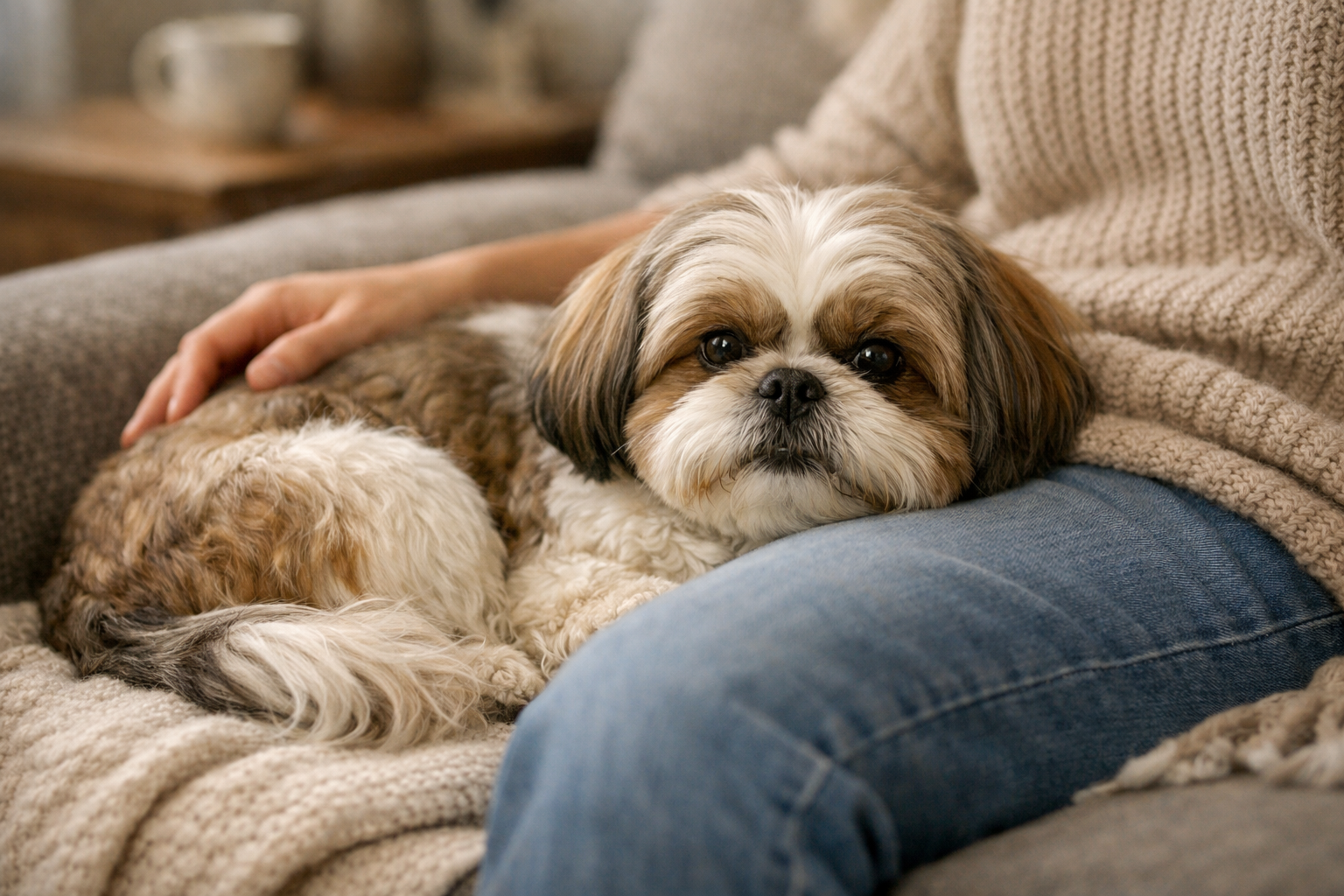 Shih Tzu dog resting on a person’s lap on a couch, showing the breed’s role as a loyal companion