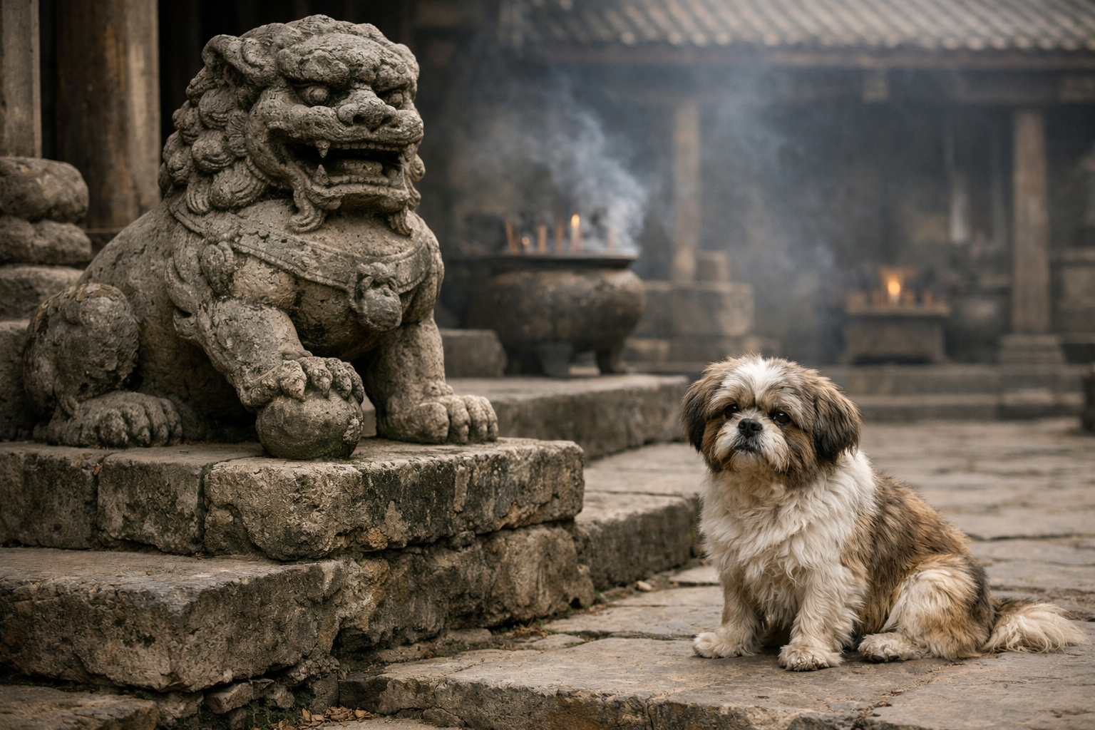 Shih Tzu dog with a natural coat sitting beside a weathered stone guardian lion statue in an ancient temple courtyard