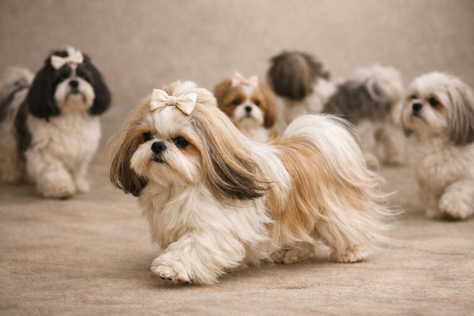 Multiple Shih Tzu dogs with silky long coats in a soft indoor setting, showing the breed’s characteristic appearance and temperament