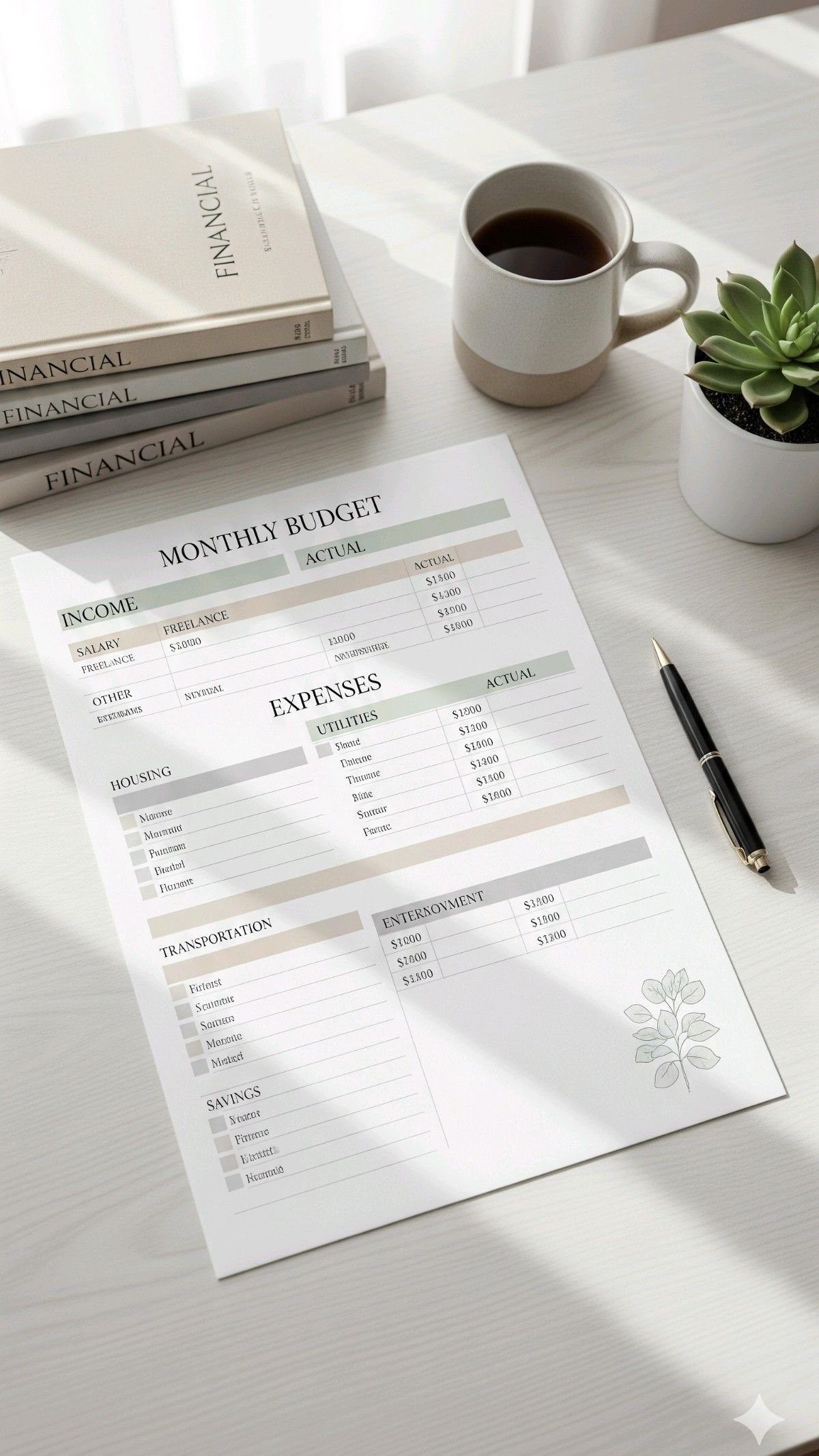 A financial planning workspace featuring a printed monthly budget sheet, a black pen, a coffee mug, a small potted succulent, and three books titled 'Financial.' The table is white, and the scene is well-lit with natural light.