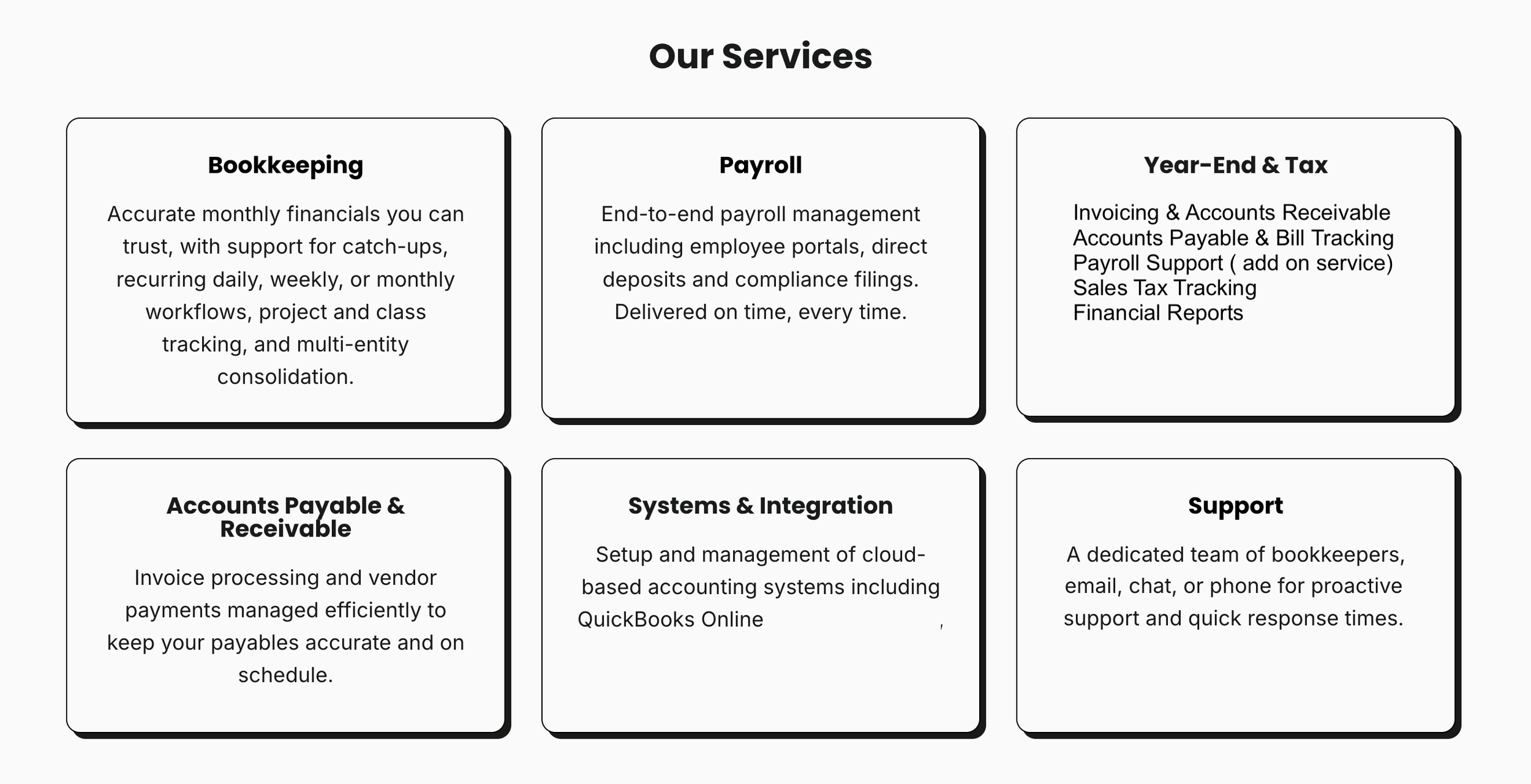 A webpage displaying business services, including bookkeeping, payroll, year-end and tax, accounts payable and receivable, systems and integration, and support, each in separate outlined boxes with titles and descriptions.