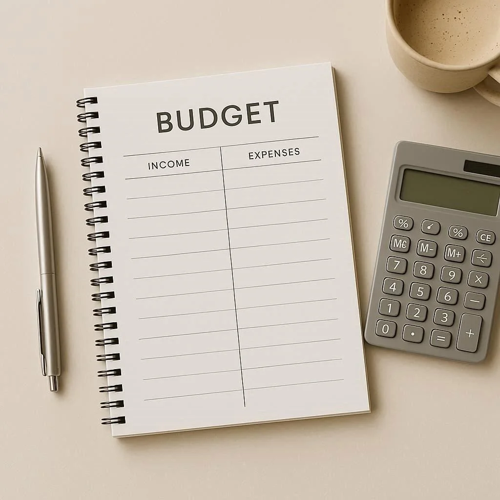 A notebook titled "BUDGET" with columns for income and expenses, a silver pen, a cup, and a calculator on a white surface.