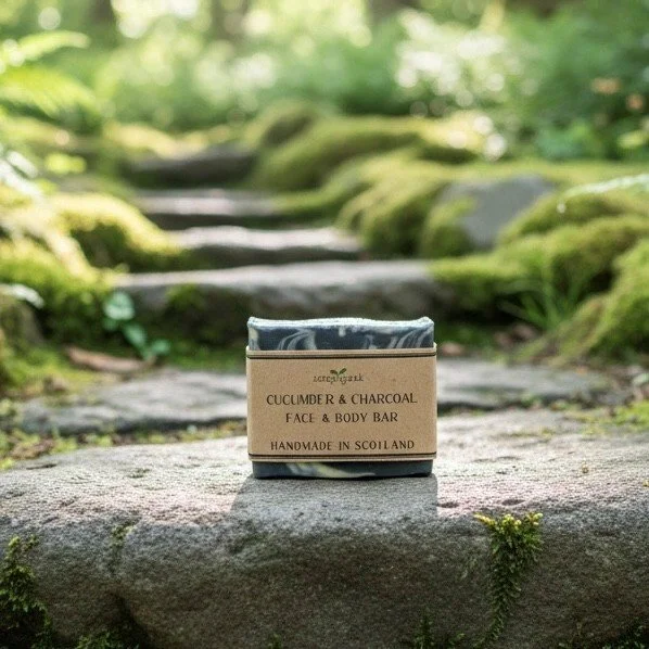 Handmade Cucumber & Charcoal soap bar wrapped in a kraft label, placed on a moss‑covered stone path outdoors with soft greenery in the background.