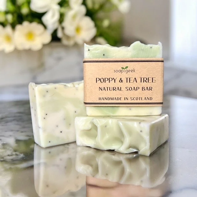 Poppy and tea tree handmade soap bars with green clay and poppy seed exfoliation