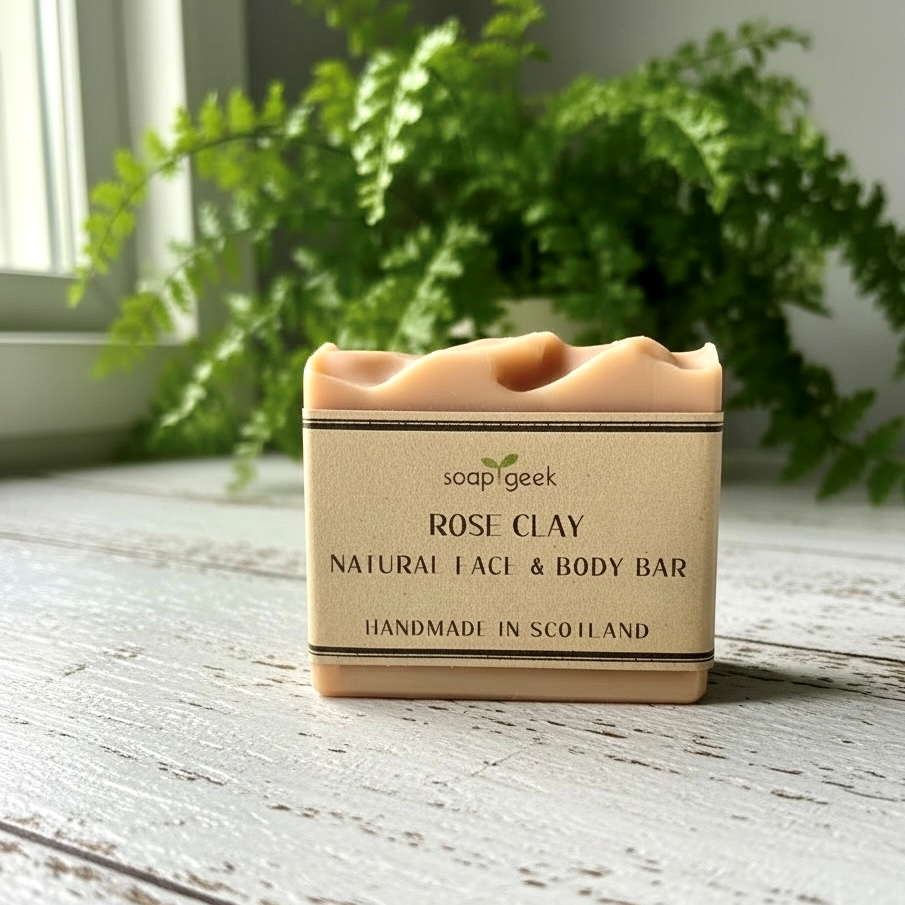 Handmade Rose Clay soap bar wrapped in a kraft label, standing on a light wooden surface with a green fern plant and window in the background.
