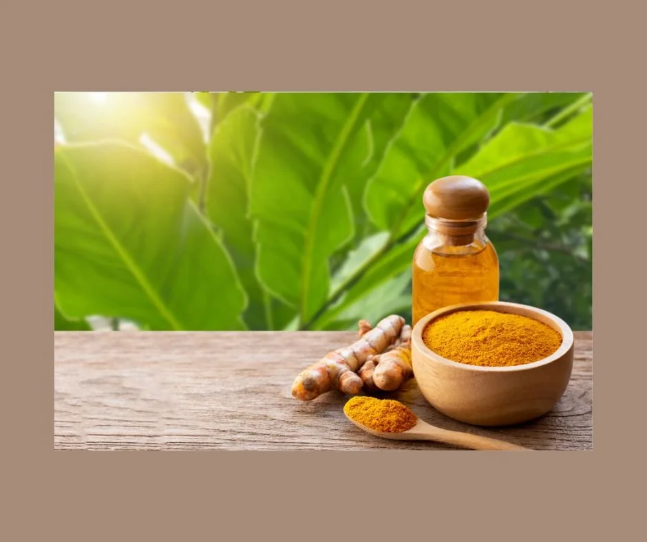 A wooden bowl and wooden spoon filled with turmeric powder on a wooden surface, with fresh turmeric roots and a small glass bottle in the background, and large green leaves behind them.