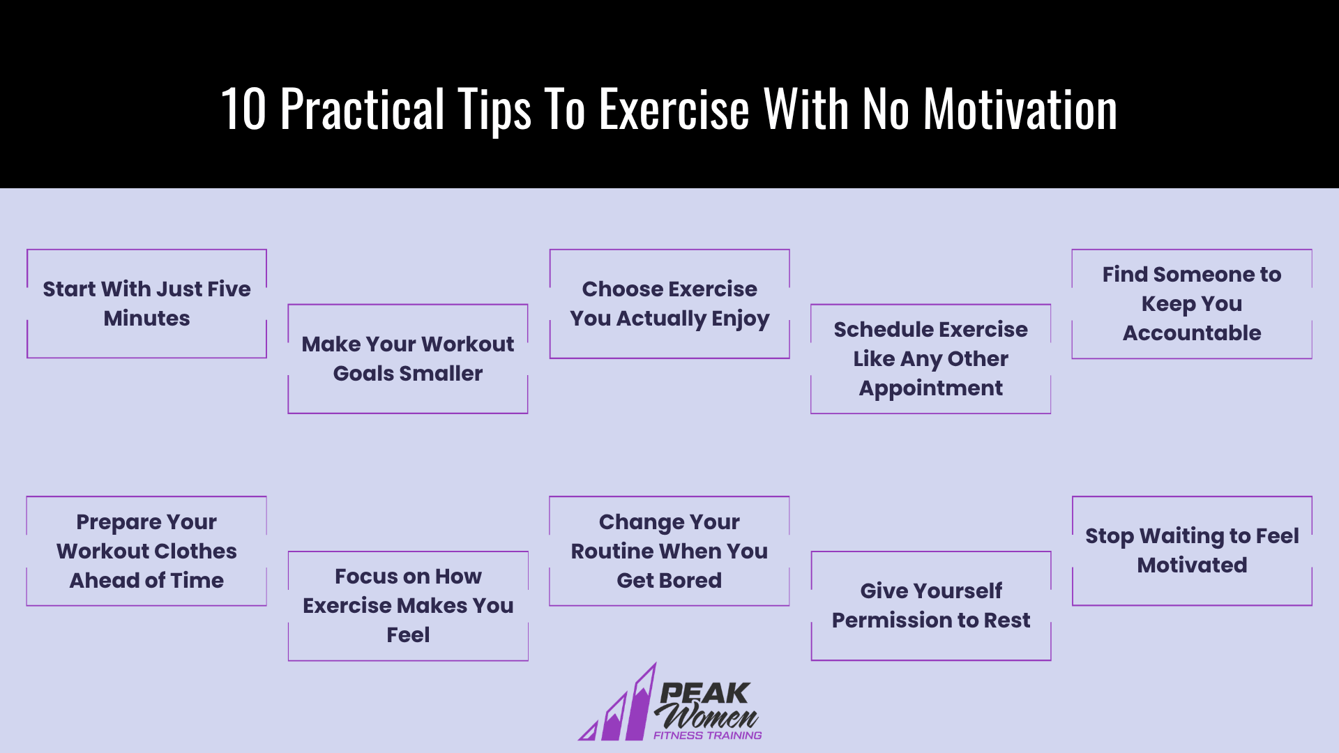 graphic showing the tips for exercising with no motivation