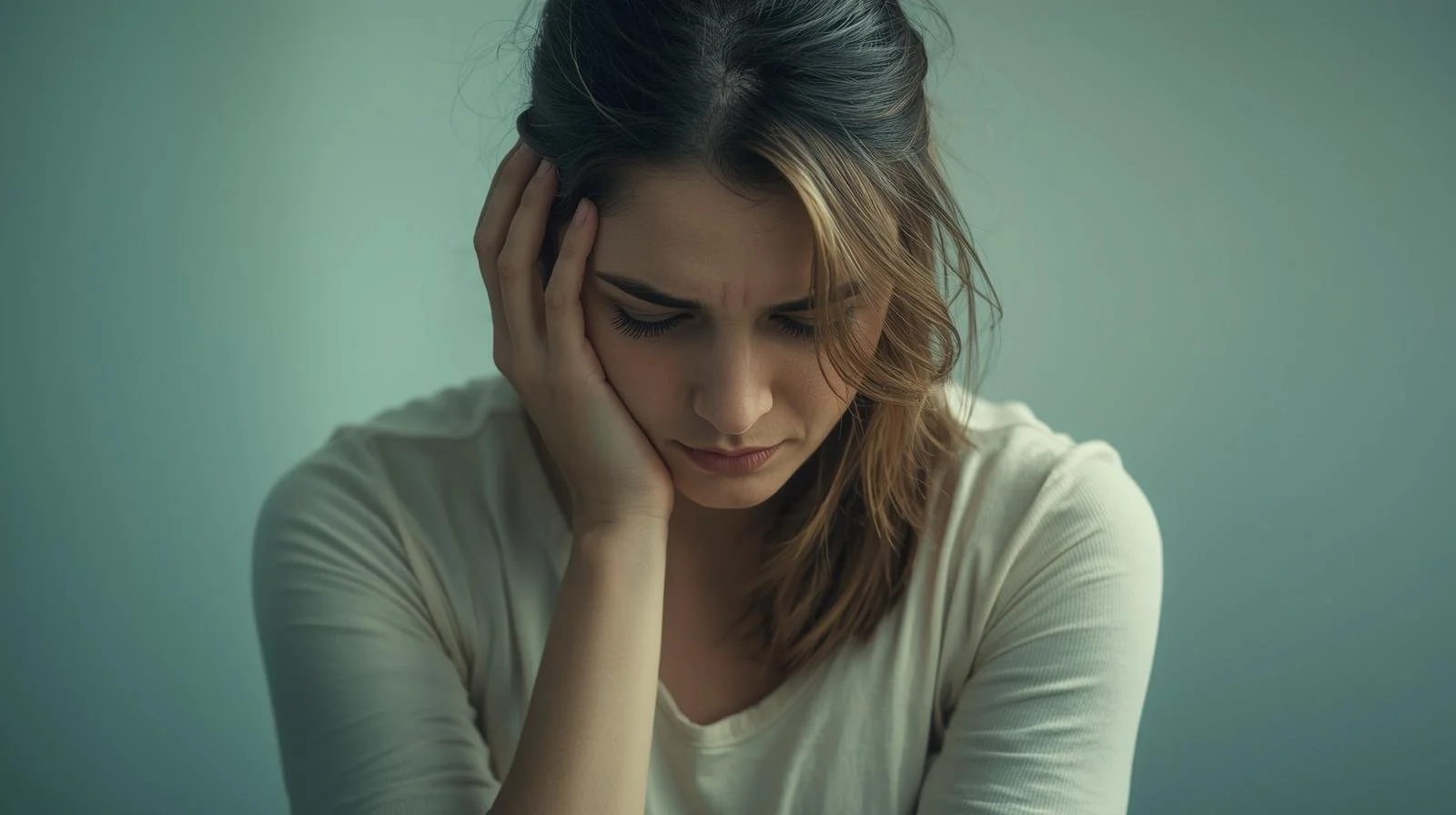 woman with head in hands looking sad