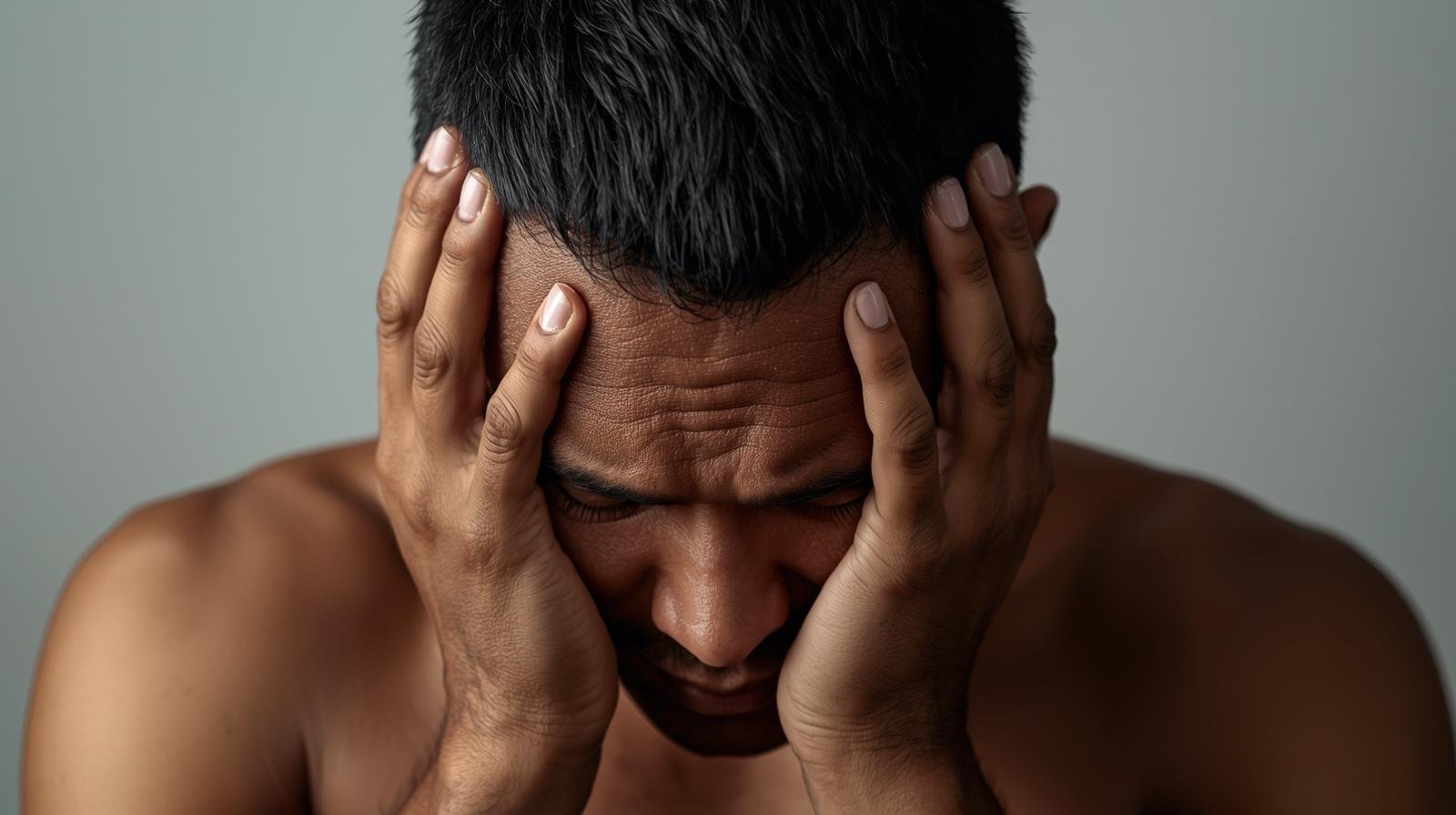 man with head in heads looking anxious