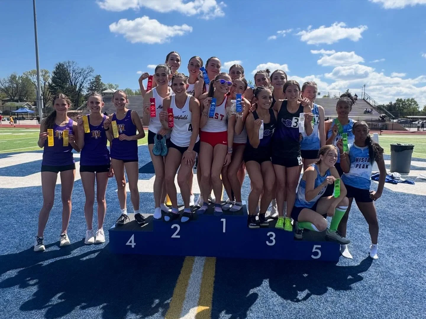 Girls 4x800 team of Lola Carhart, Corrine Kennedy, Tessa Fe Morris, &amp; Avery Johnson shatter the East High School Record in a Colorado #1 time of 9:17.03 and are League Champions! #4x8 #distancerunning #angelsquad #halohalo