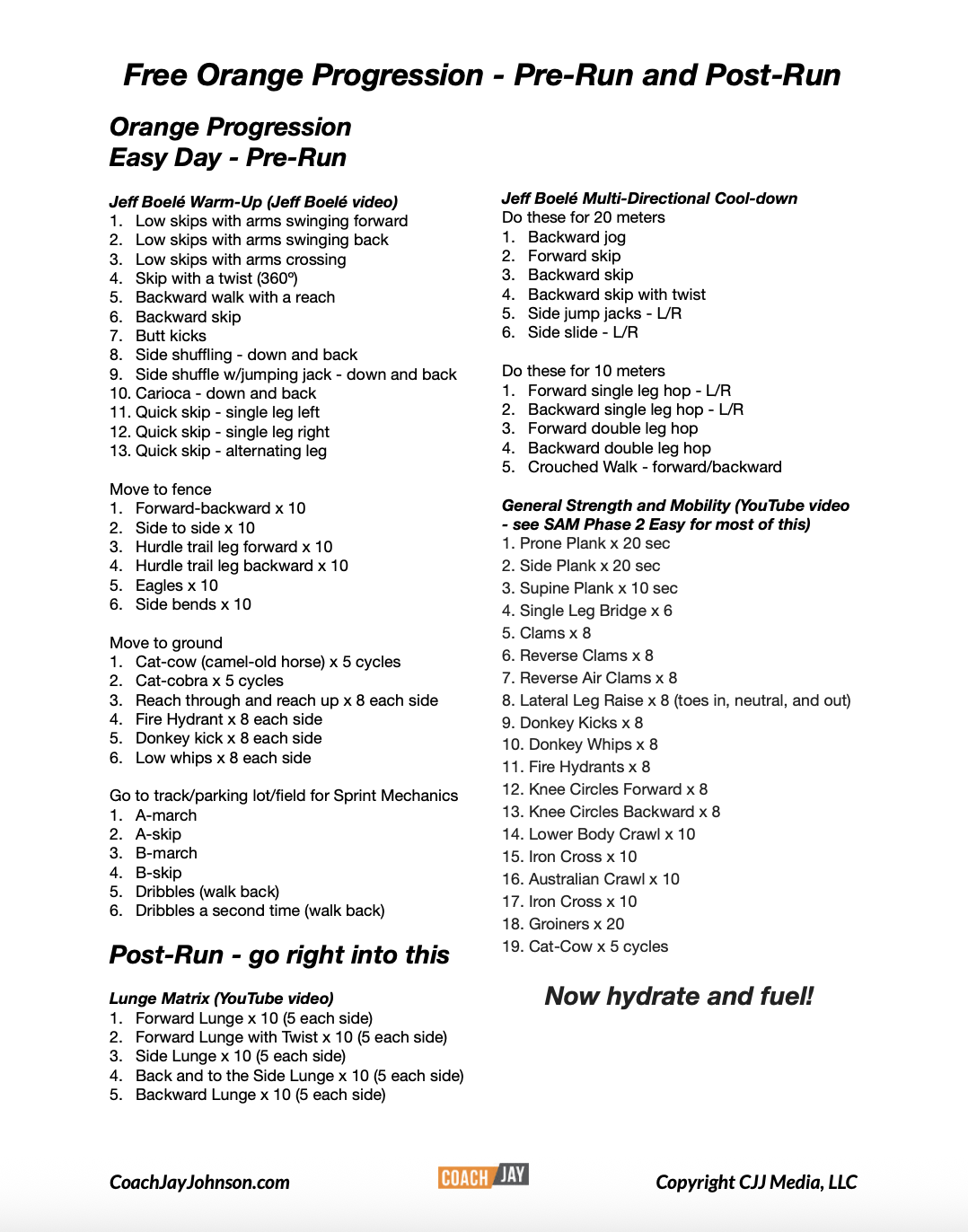 A detailed workout plan titled 'Free Orange Progression - Pre-Run and Post-Run' with sections for warm-up, cool-down, strength exercises, sprint mechanics, and post-run stretches, including specific exercises with repetitions and descriptions.