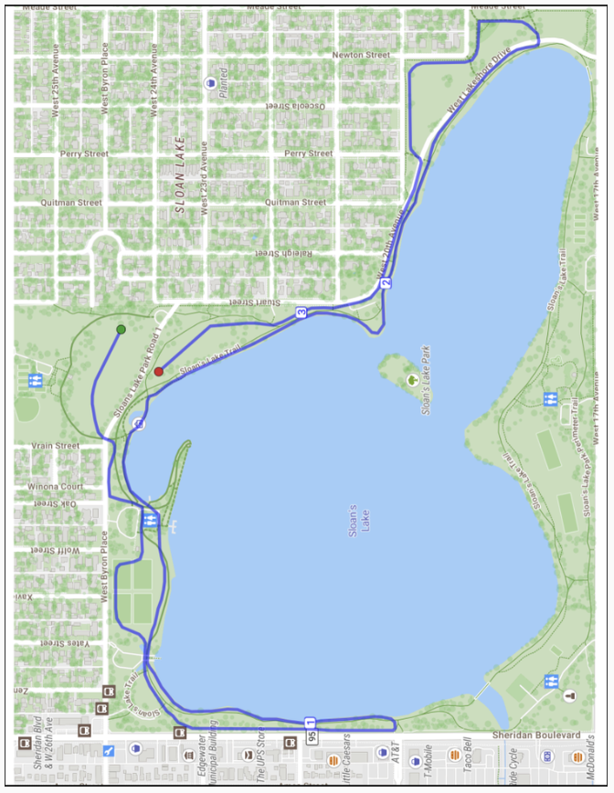 Map of Sloan's Lake park and surrounding neighborhoods in Denver, Colorado, showing walking trails, the lake, nearby streets, and amenities like parking and entrances.