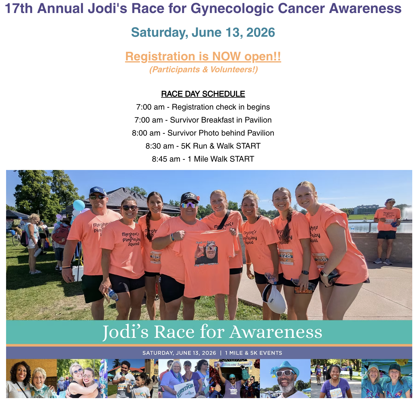 Event poster for Jodi's Race for Gynecologic Cancer Awareness, held on Saturday, June 13, 2026. The poster features a group photo of participants wearing matching coral shirts at the race event by a lake, with a schedule of activities, and a collage of additional photos of past participants.
