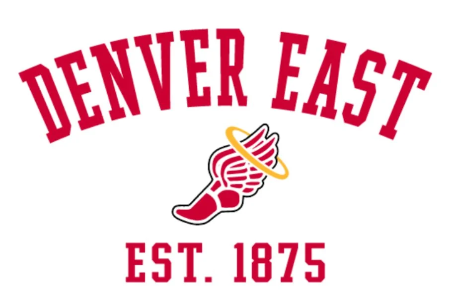 Logo with the text 'Denver East' in large red letters arched over a winged sock with a halo, and 'Est. 1875' below.