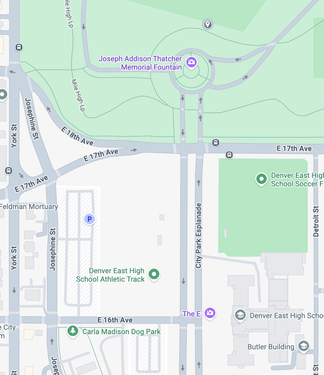 Map showing roads, parks, school, and landmarks in Denver, Colorado, including Joseph Addison Thatcher Memorial Fountain, Denver East High School, Carla Madison Dog Park, and nearby streets and avenues.