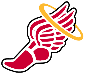 A stylized logo of a red and white winged foot with yellow rings around it.