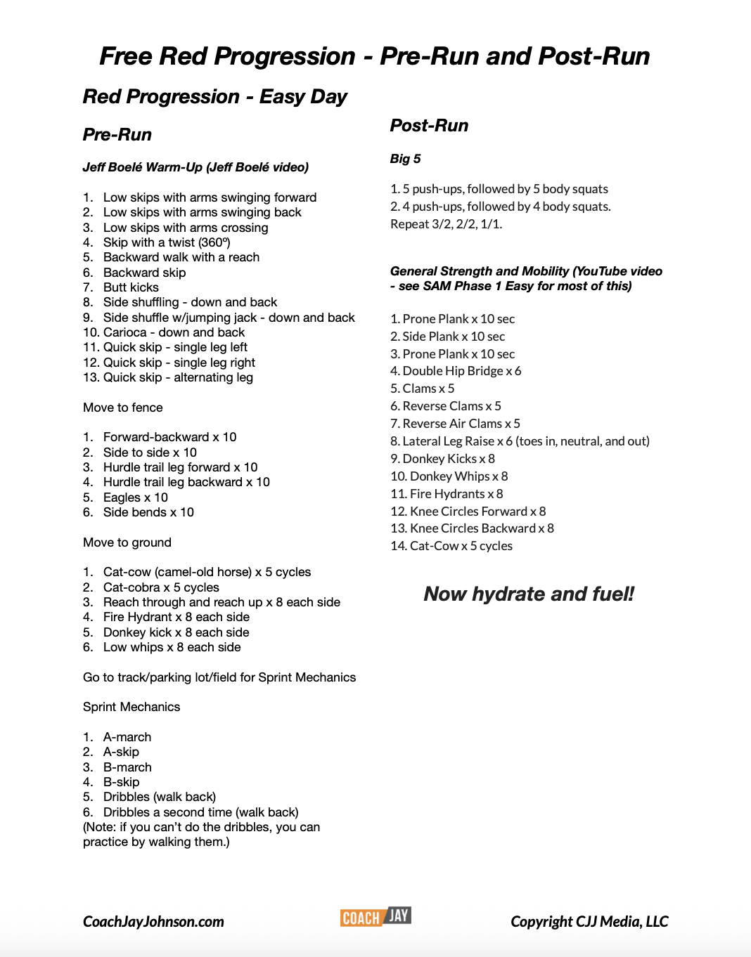 A detailed workout plan titled 'Free Red Progression - Pre-Run and Post-Run' including sections for warm-up, main exercises, and sprint mechanics with specific instructions and repetitions.