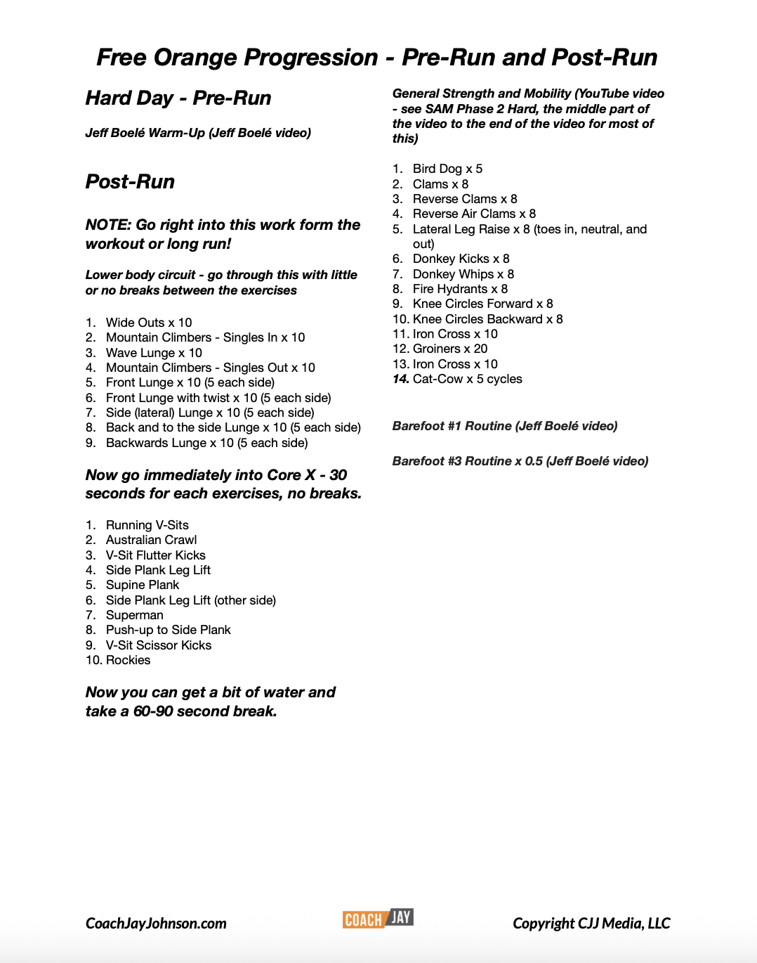 A detailed workout plan for a progression in Orange fitness, including pre-run and post-run exercises, with specific routines and repetitions, along with general strength and mobility instructions, and hydration advice.