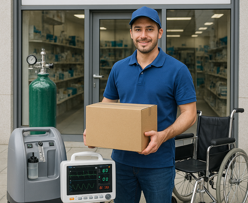 Un hombre con uniforme en una farmacia, sosteniendo una caja de cartón y rodeado de equipo médico, incluyendo un cilindro de oxígeno, un monitor de signos vitales y una silla de ruedas.