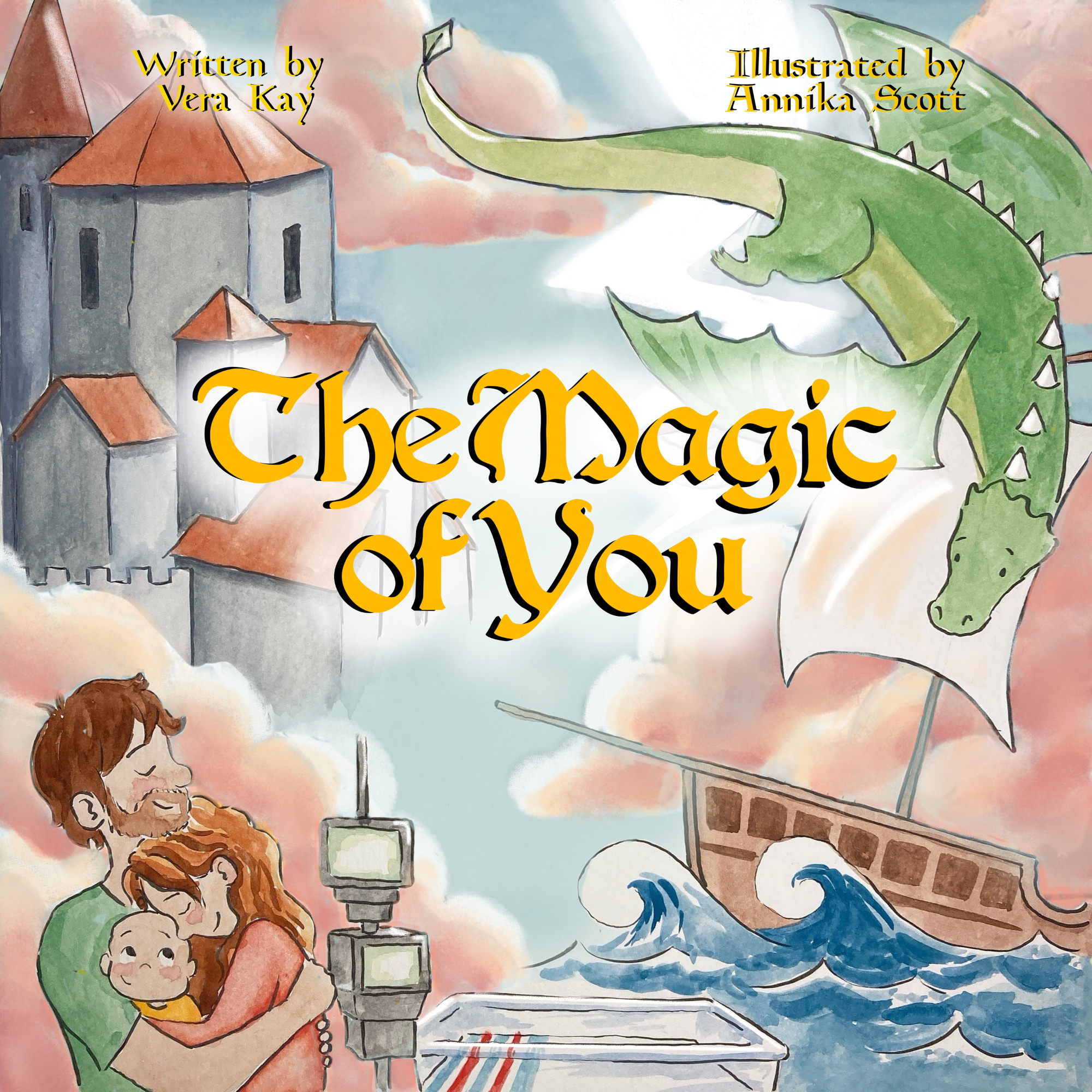 A watercolor illustration of a castle with orange rooftops, a woman with long red hair holding a child, a crocodile with sharp teeth and a long snout, clouds in the sky, and stylized text reading 'The Dragon of Vow', as part of a book cover.