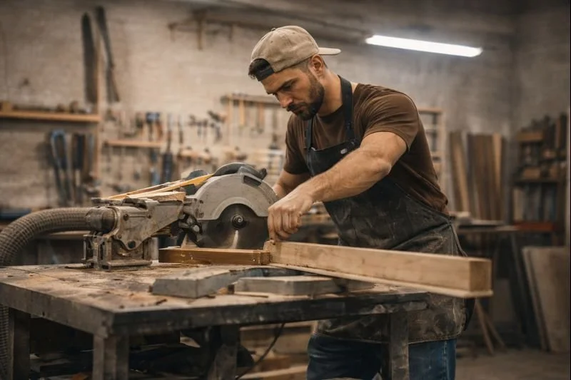 A man working with a circular saw in a woodworking shop.