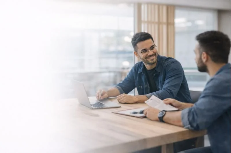 Two men engaging in a conversation at a wooden table in a modern office, one with a laptop and the other with papers.