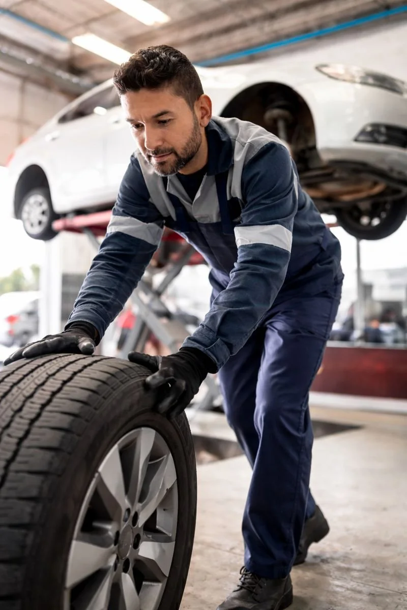 A mechanic changing a car tire in an auto repair shop.