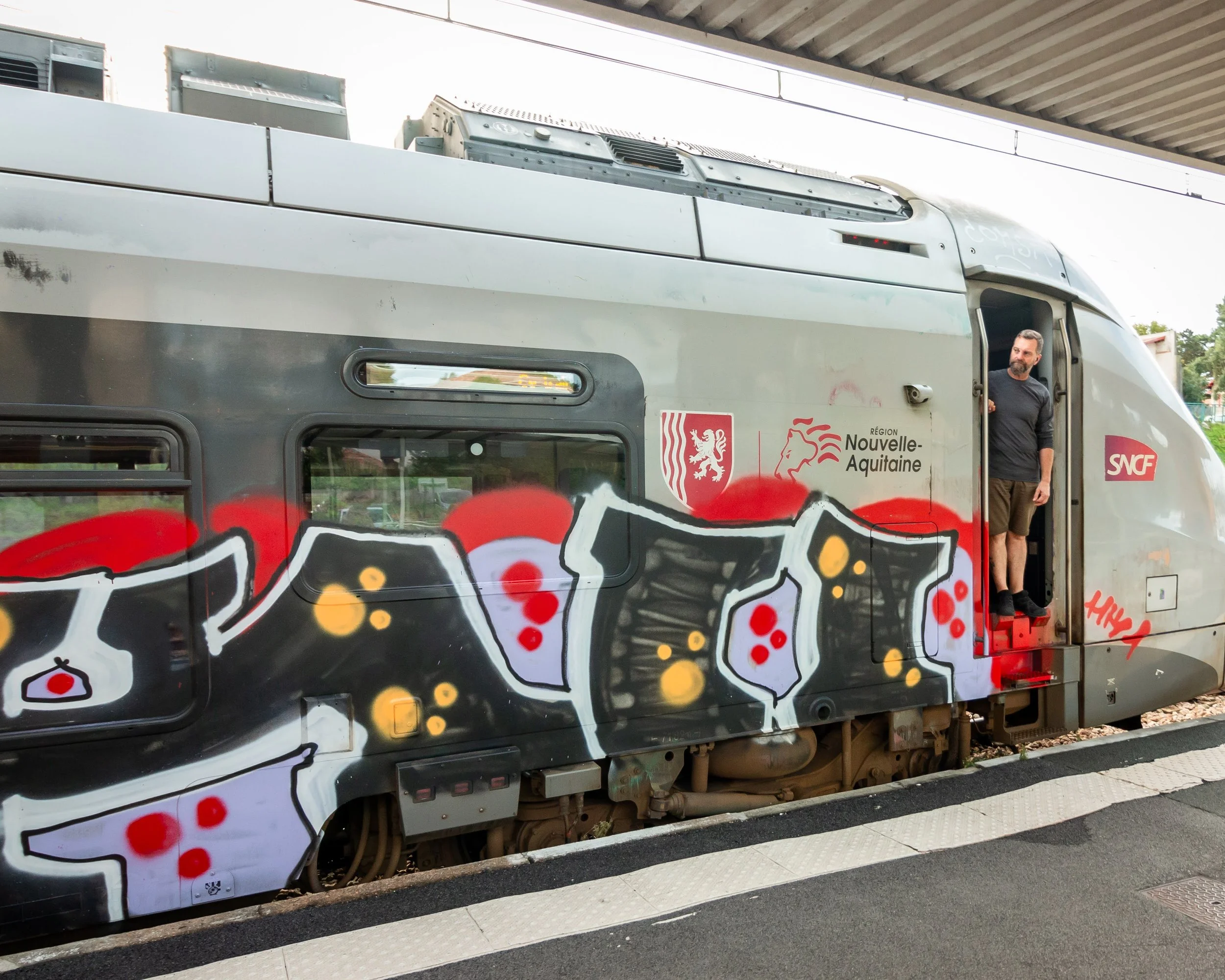 A modern train with graffiti art on its side, stopped at a platform under a shelter. A man with a beard and black shirt is standing at the door of the train, holding the door handle. The train features a logo of the Nouvelle-Aquitaine region and SNCF