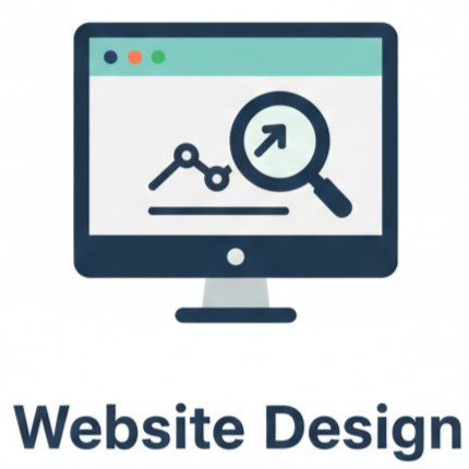 Computer monitor displaying a rising trend graph with a magnifying glass, and the text 'Website Design' below.