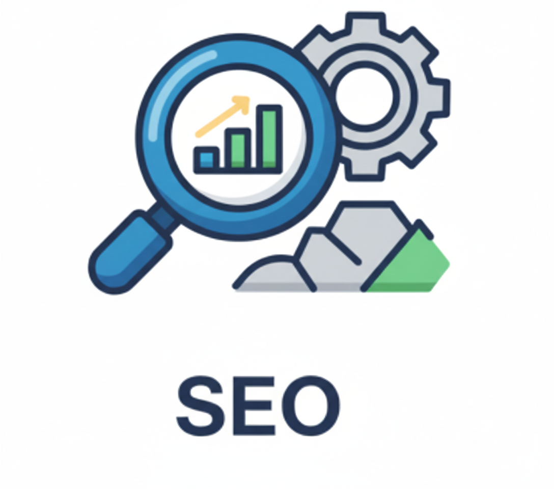 Graphic of a magnifying glass with a bar chart inside, gears and a mountain behind, and the word 'SEO' underneath.
