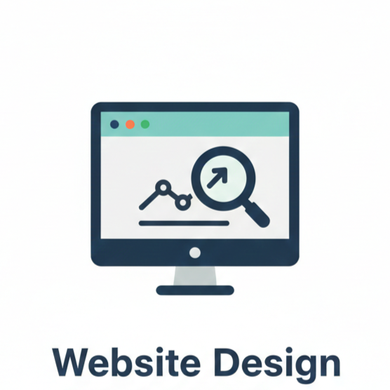 Computer monitor displaying a graph and magnifying glass with an upward arrow, with text 'Website Design' below.