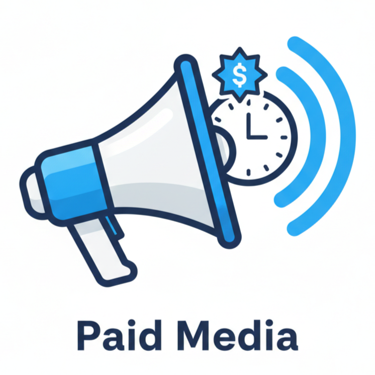 Illustration of a megaphone with sound waves, a clock, a dollar sign, and a starburst, symbolizing paid media advertising, with the text "Paid Media" below.