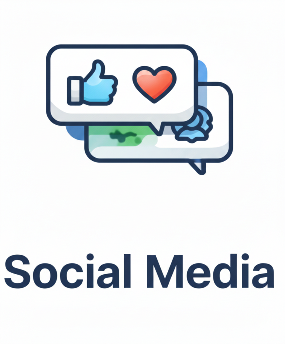 Illustration of social media icons including a thumbs up and a heart, with the words "Social Media" underneath.