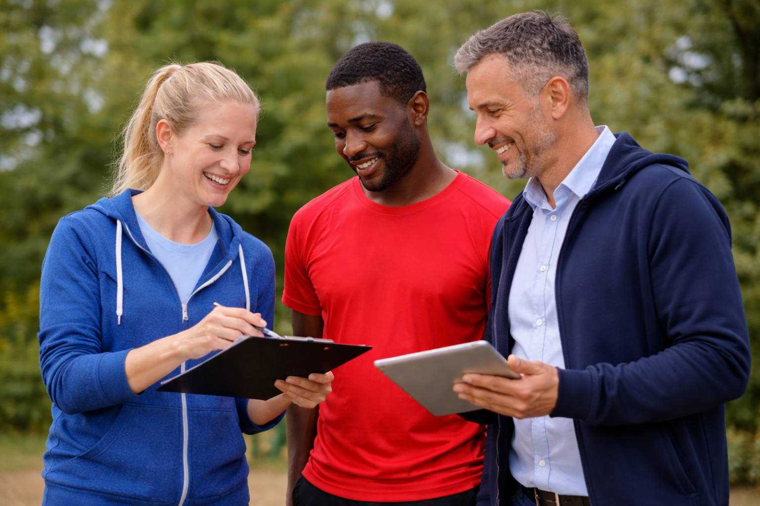Three smiling people outdoors, two men and one woman, looking at and discussing a clipboard and a tablet.