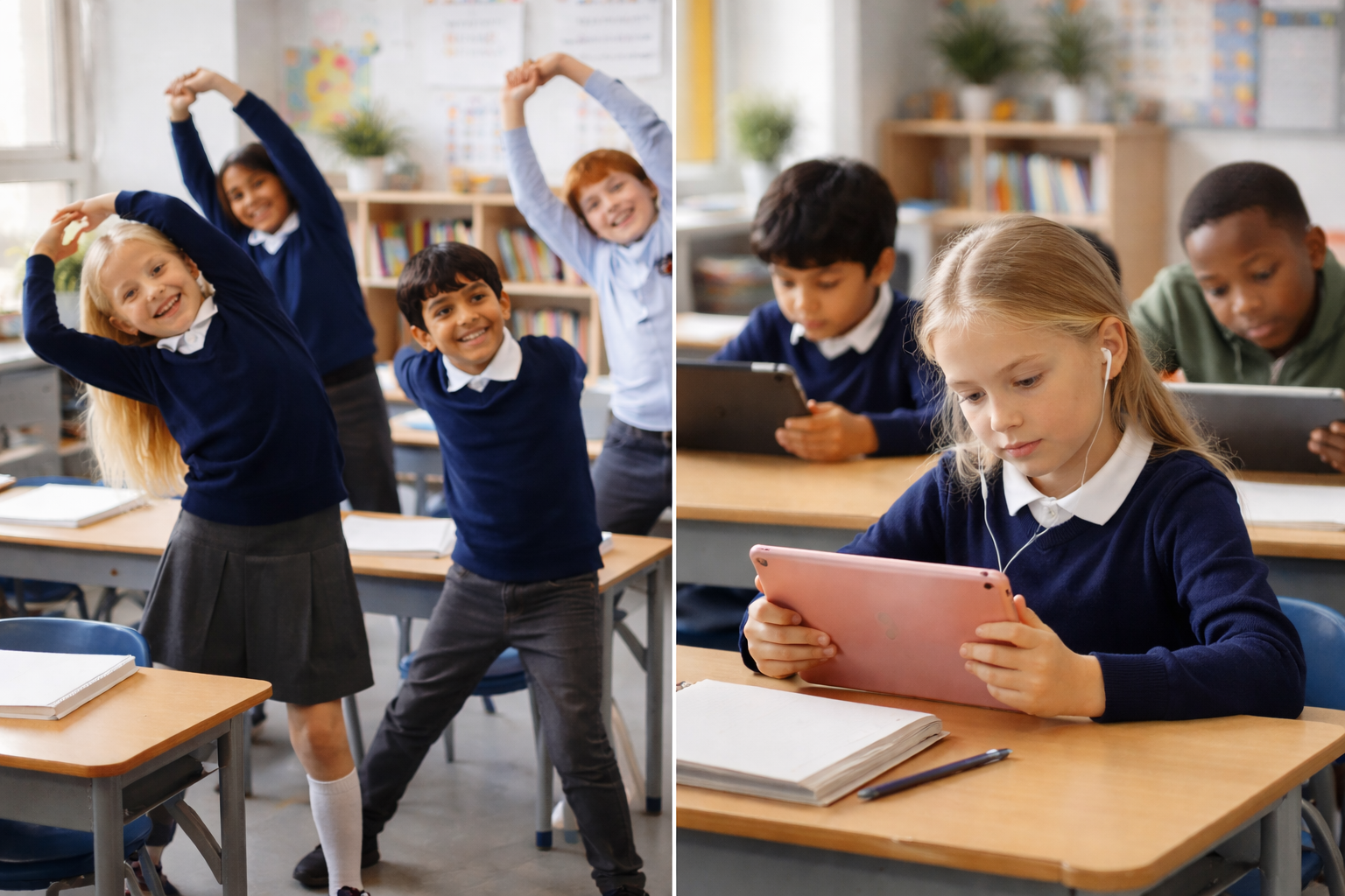 Four young students in a classroom, three girls and one boy, smiling and stretching on the left side. Three other students, two boys and one girl, are sitting at desks on the right side, focused on their tablet devices.